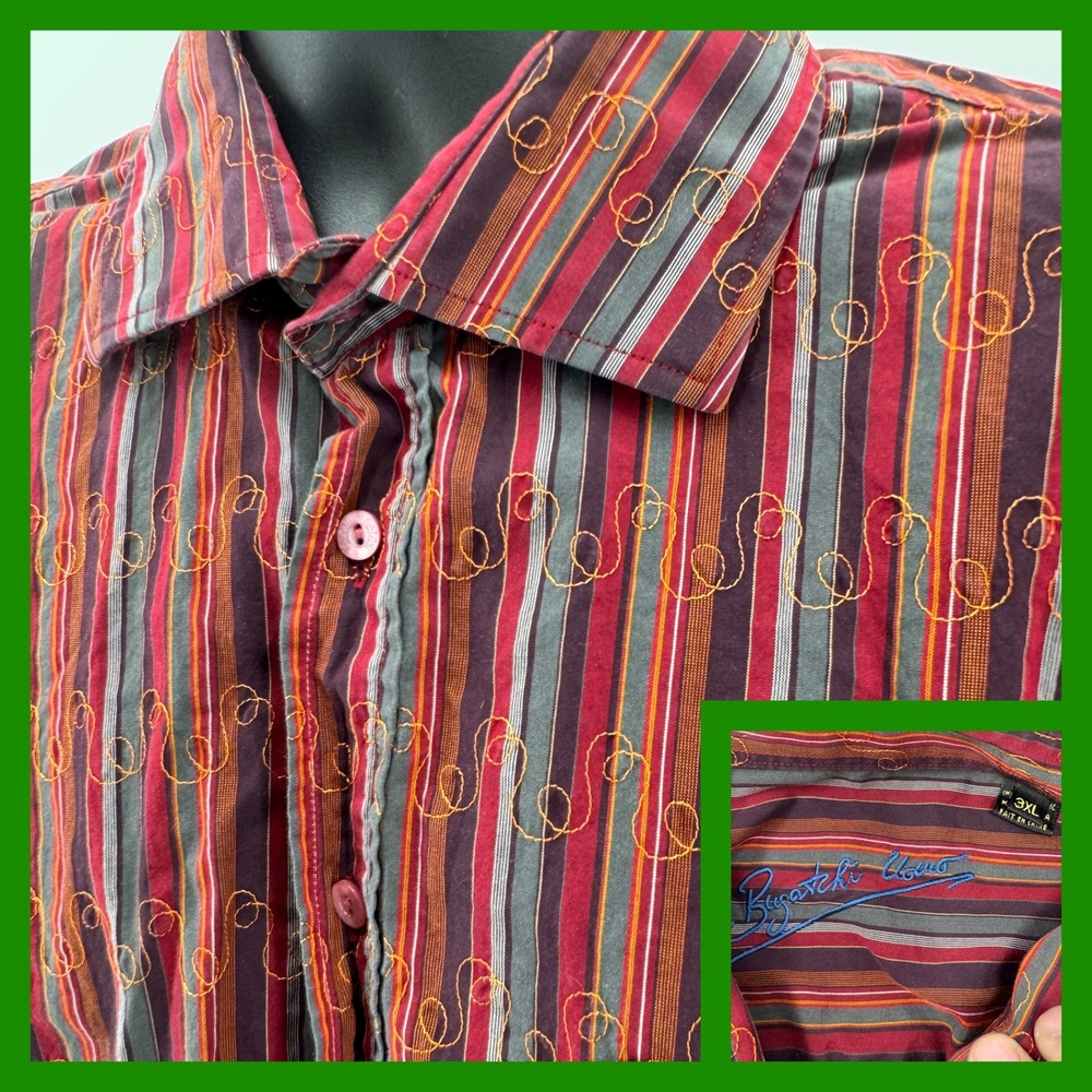 Bugatchi Uomo Button Down Mens 3XL Burgundy Striped Swirl Embroidered Shirt‎